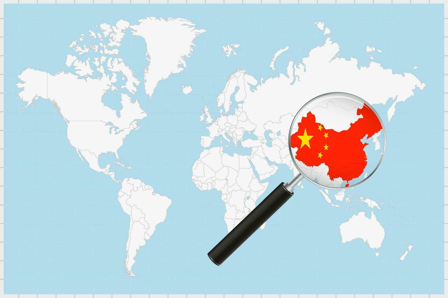 Magnifying glass showing a map of China on a world map. vector