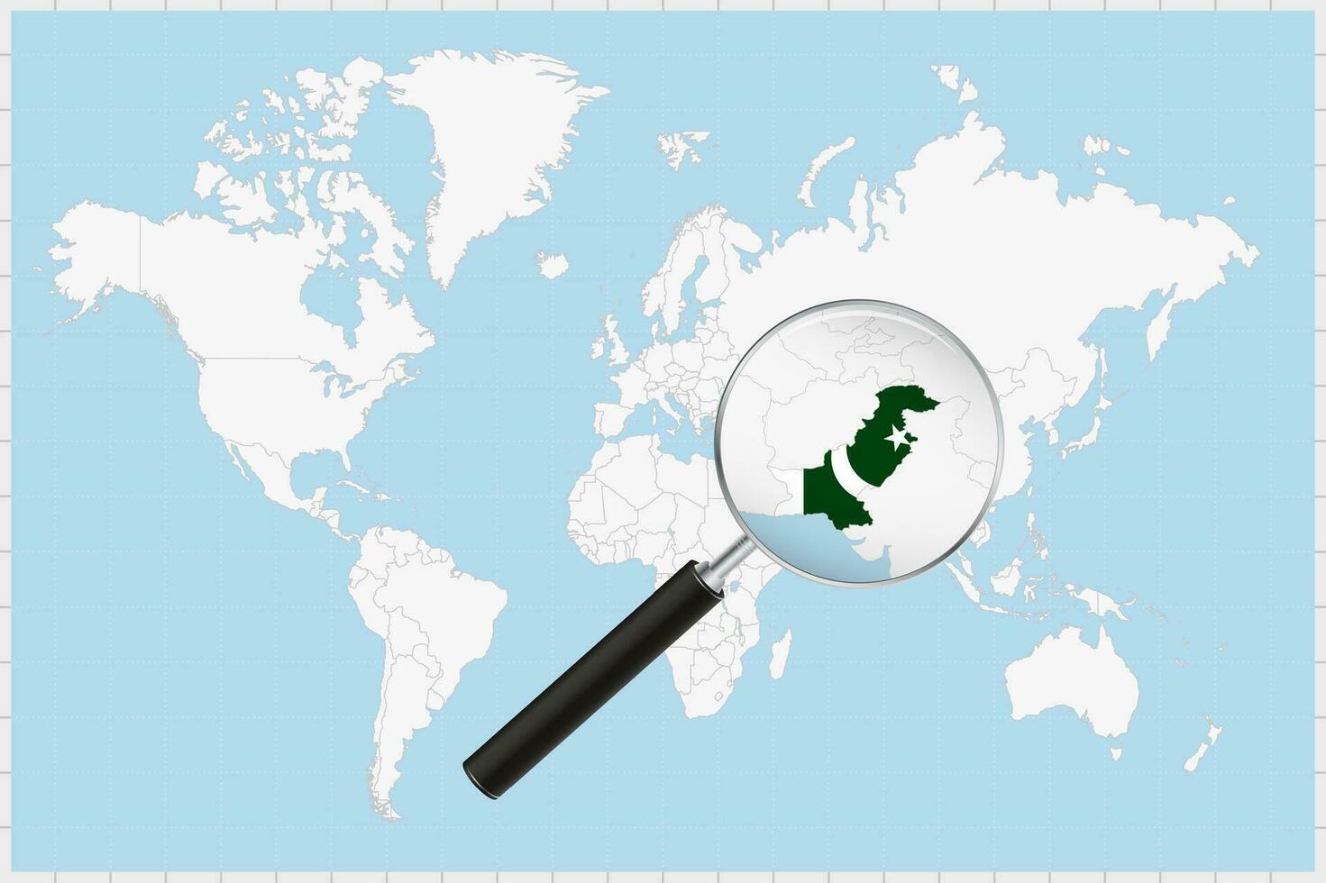 Magnifying glass showing a map of Pakistan on a world map. vector