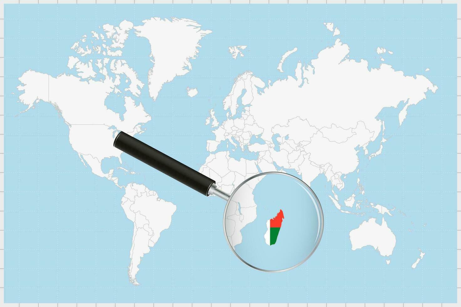 Magnifying glass showing a map of Madagascar on a world map. vector