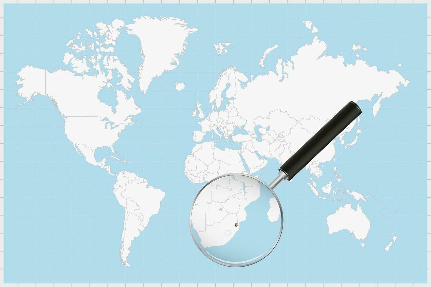 Magnifying glass showing a map of Swaziland on a world map. vector