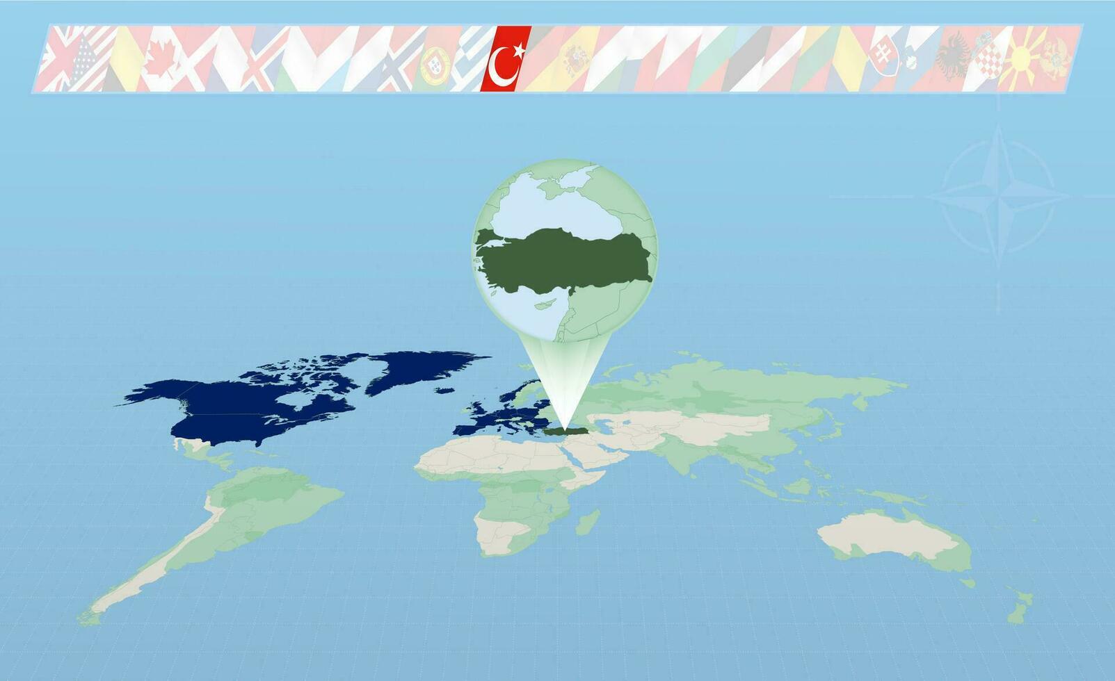 Turquía miembro de norte atlántico Alianza seleccionado en perspectiva mundo mapa. banderas de 30 miembros de Alianza. vector