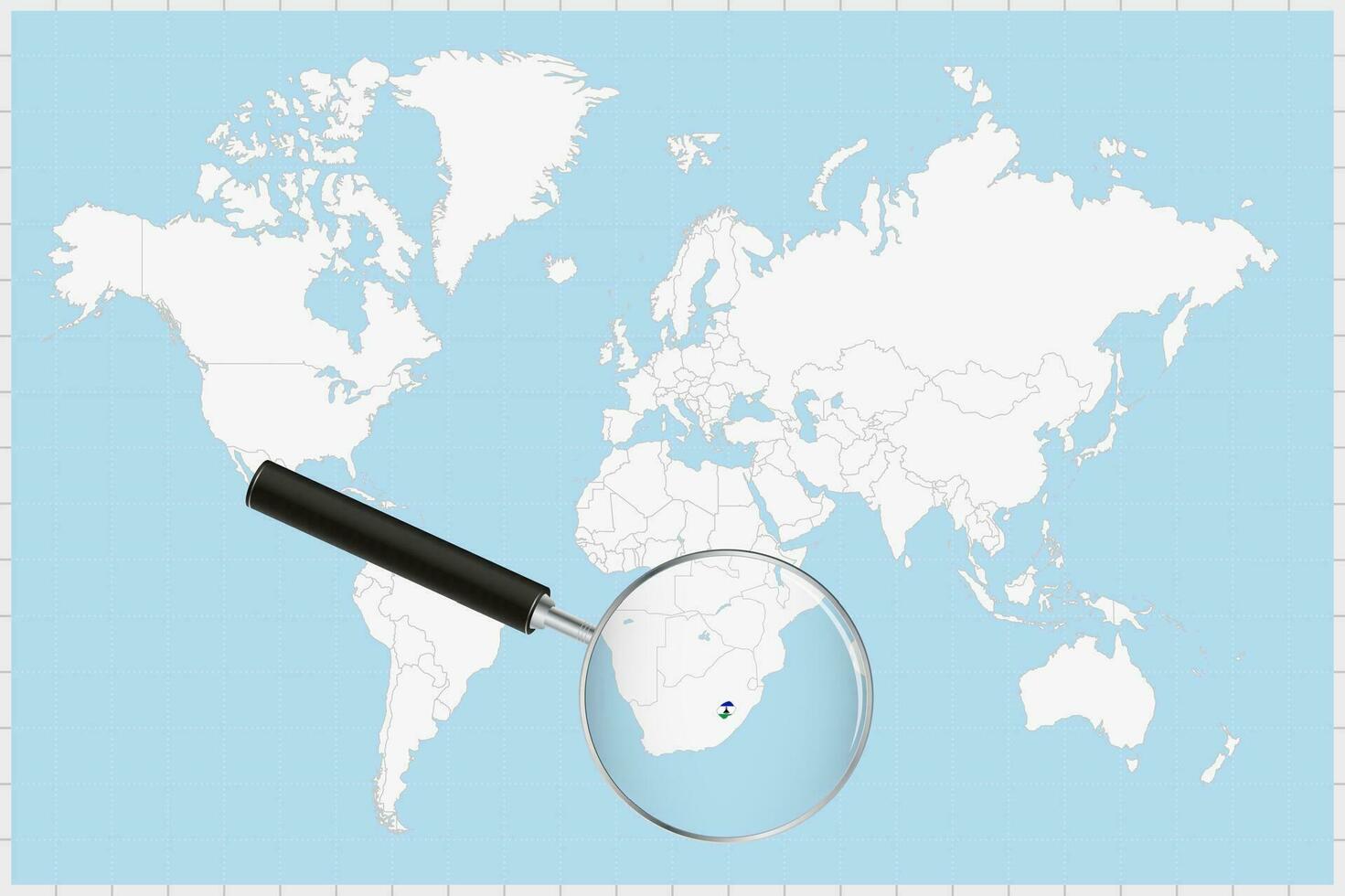 Magnifying glass showing a map of Lesotho on a world map. vector