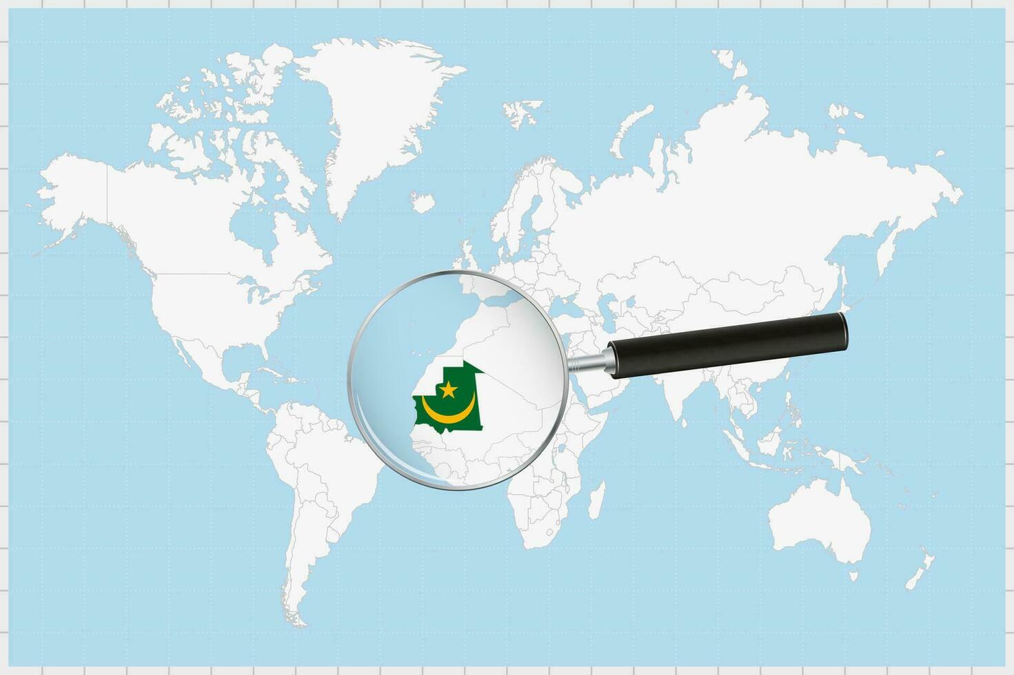 Magnifying glass showing a map of Mauritania on a world map. vector
