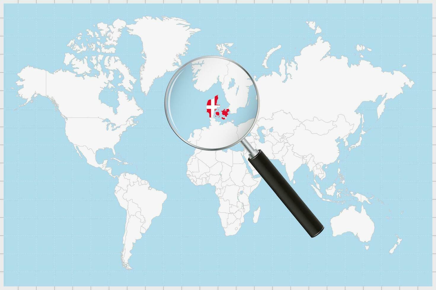 Magnifying glass showing a map of Denmark on a world map. vector