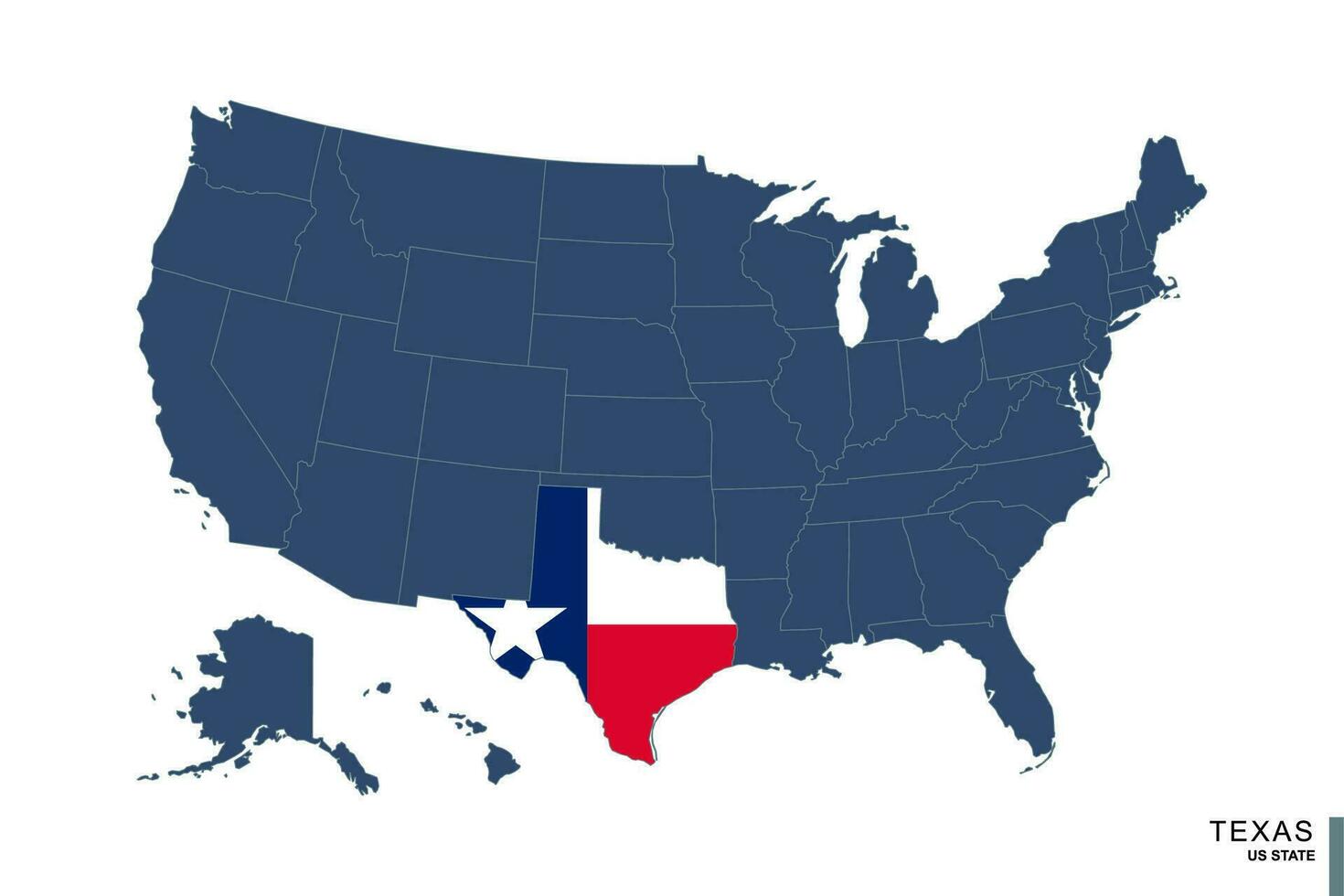 State of Texas on blue map of United States of America. Flag and map of Texas. vector