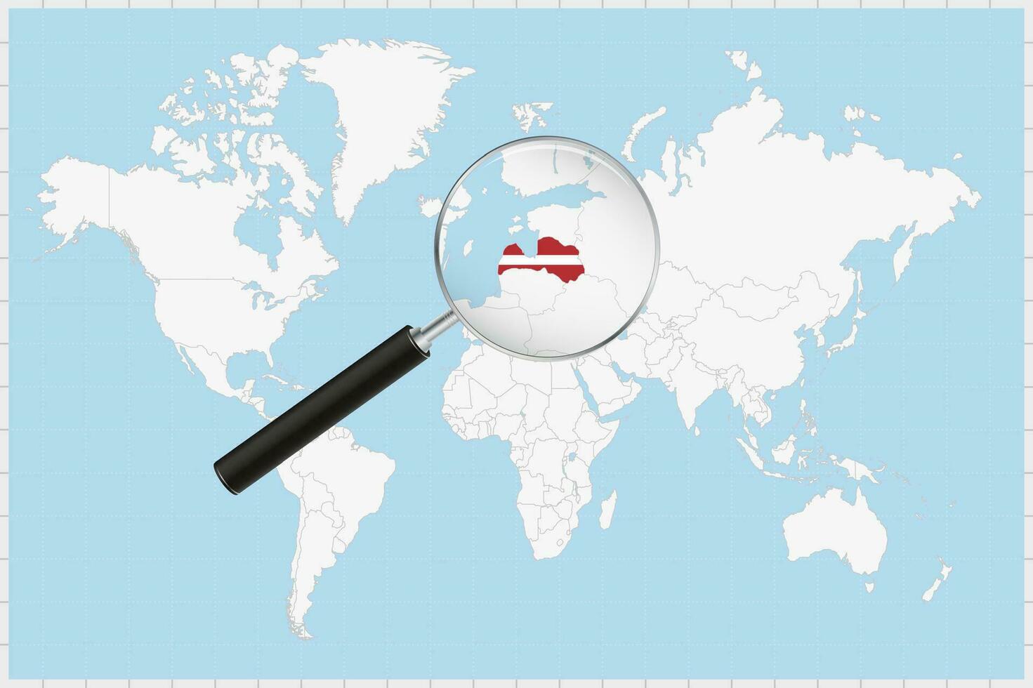 Magnifying glass showing a map of Latvia on a world map. vector