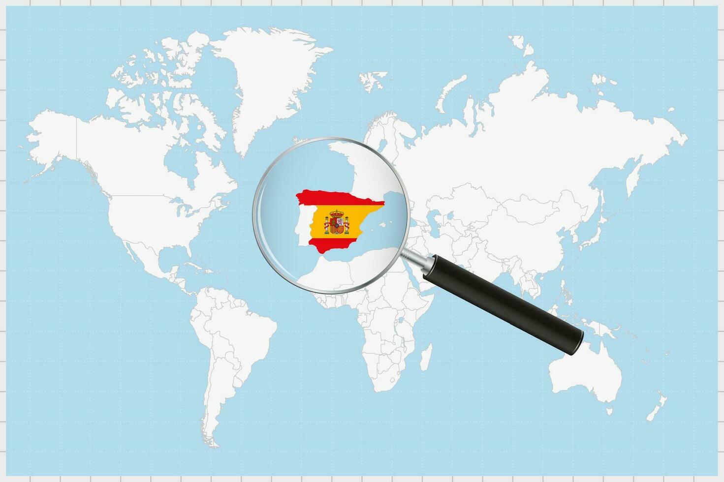 Magnifying glass showing a map of Spain on a world map. vector