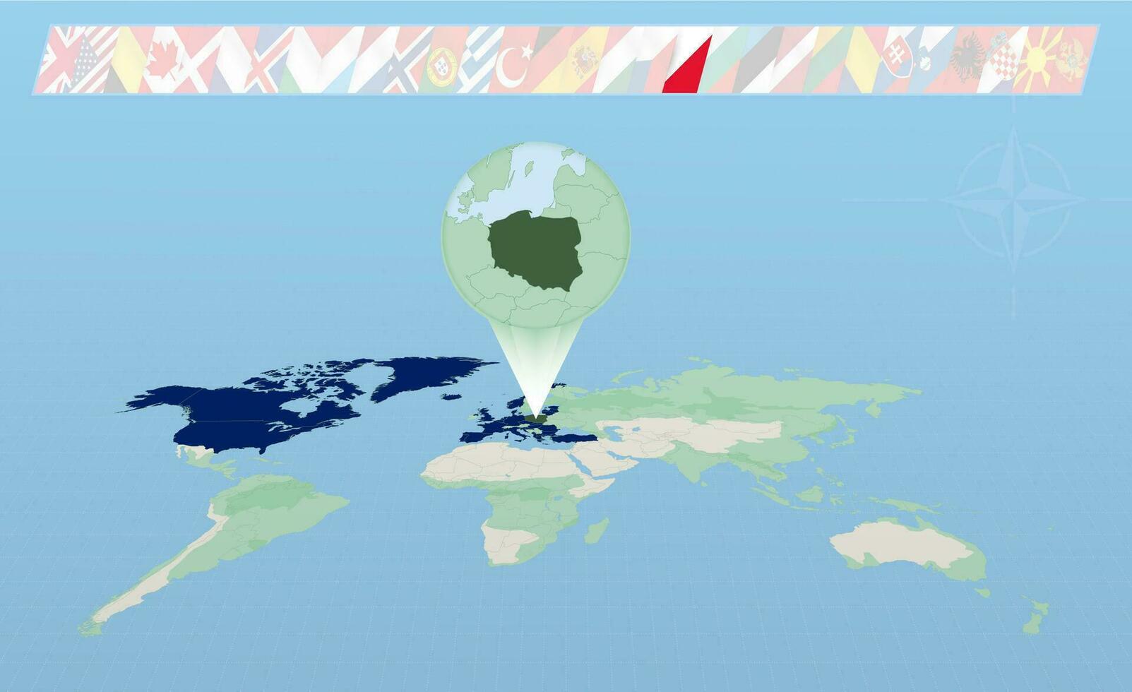 Poland member of North Atlantic Alliance selected on perspective World Map. Flags of 30 members of alliance. vector