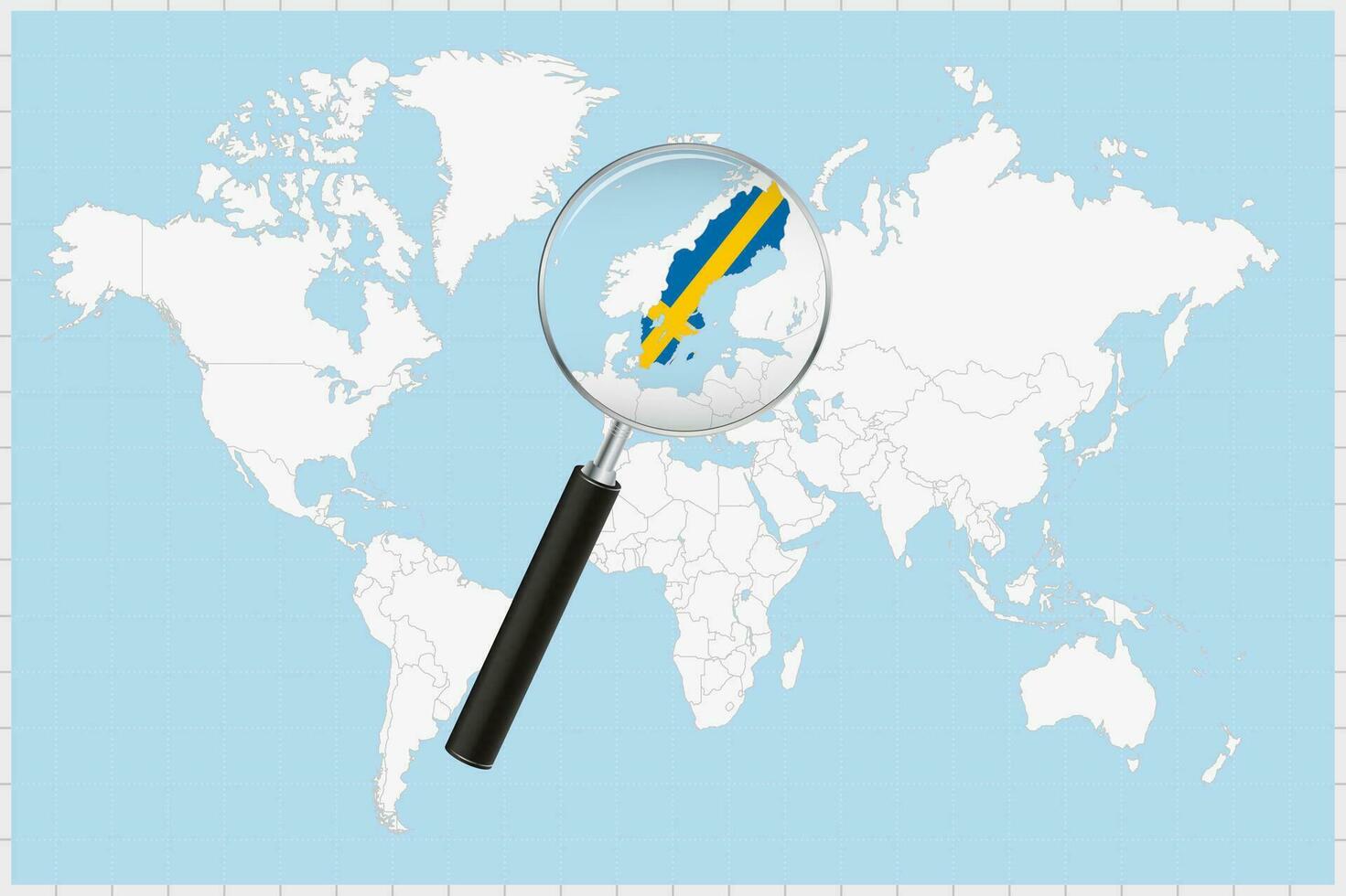 Magnifying glass showing a map of Sweden on a world map. vector