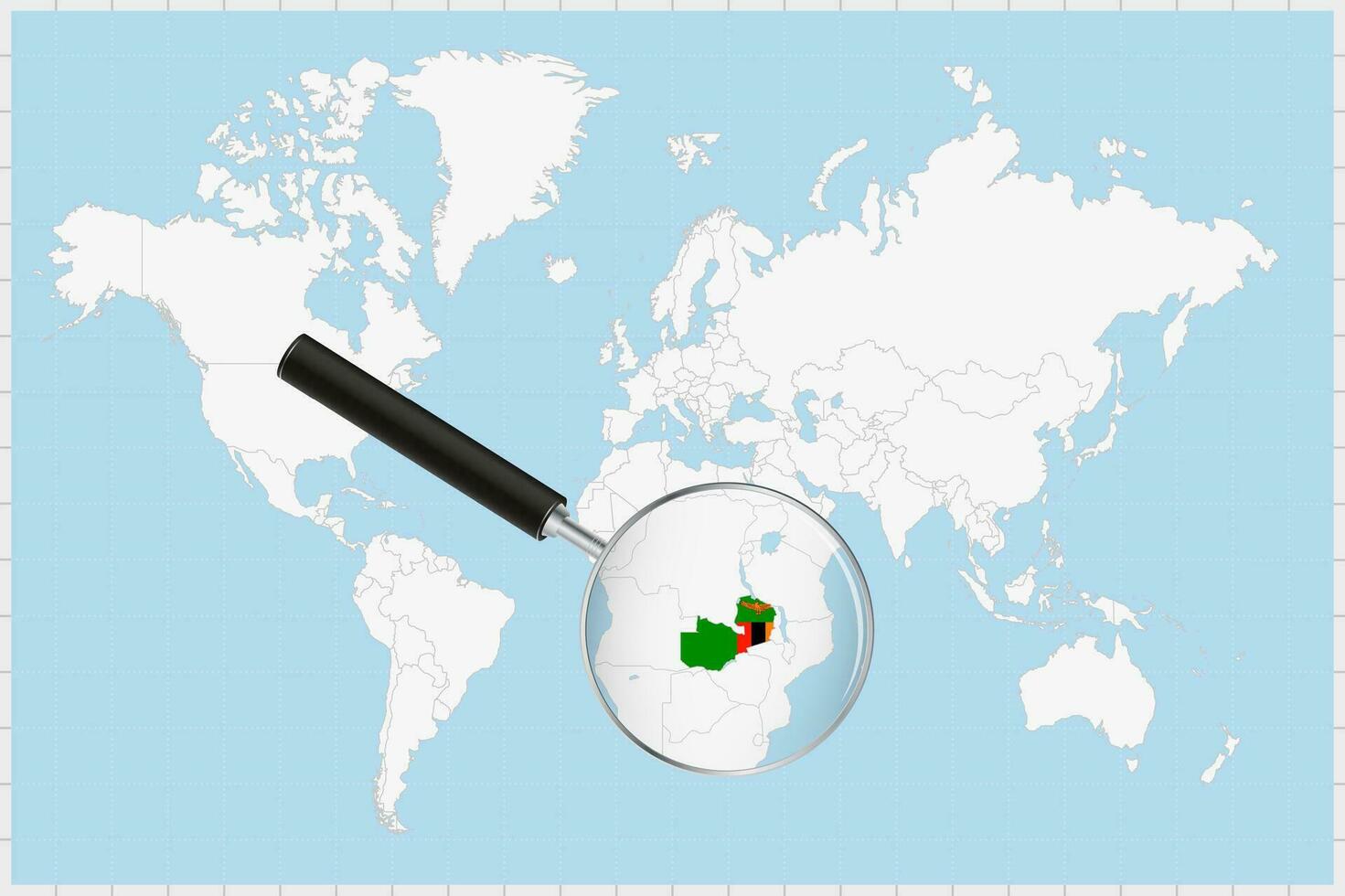 Magnifying glass showing a map of Zambia on a world map. vector
