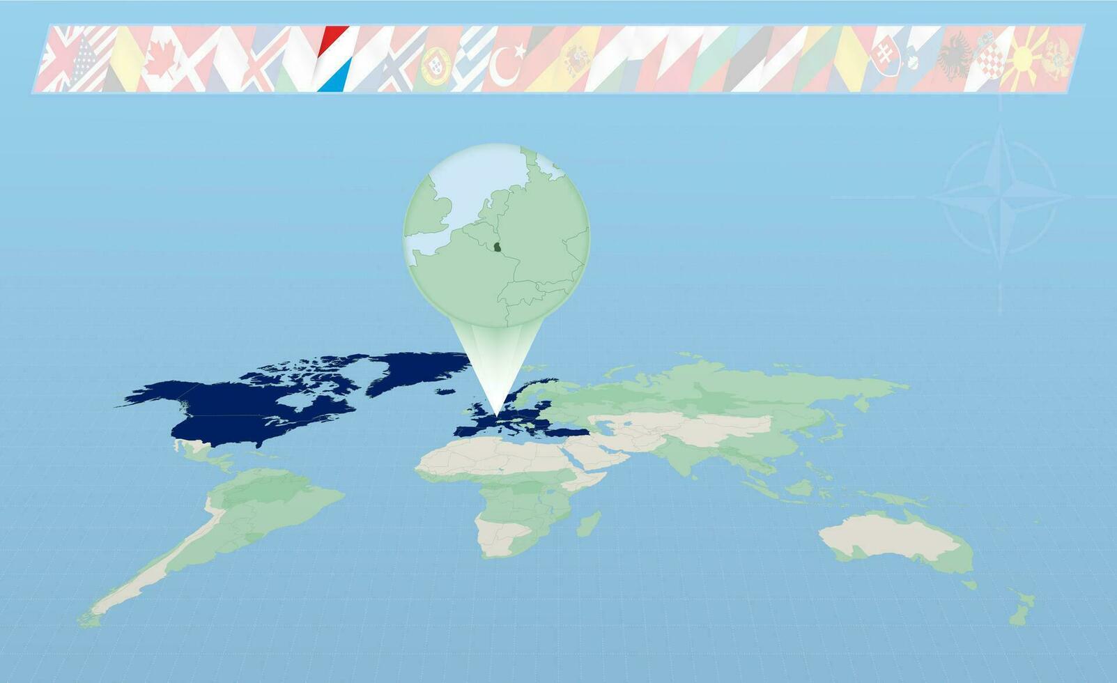 Luxembourg member of North Atlantic Alliance selected on perspective World Map. Flags of 30 members of alliance. vector