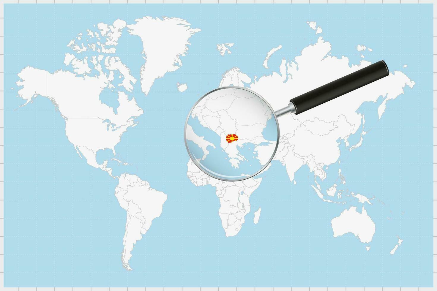 Magnifying glass showing a map of North Macedonia on a world map. vector
