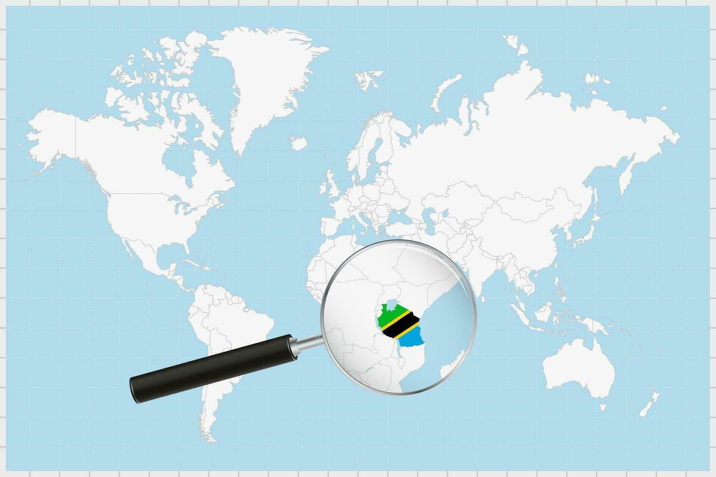 Magnifying glass showing a map of Tanzania on a world map. vector
