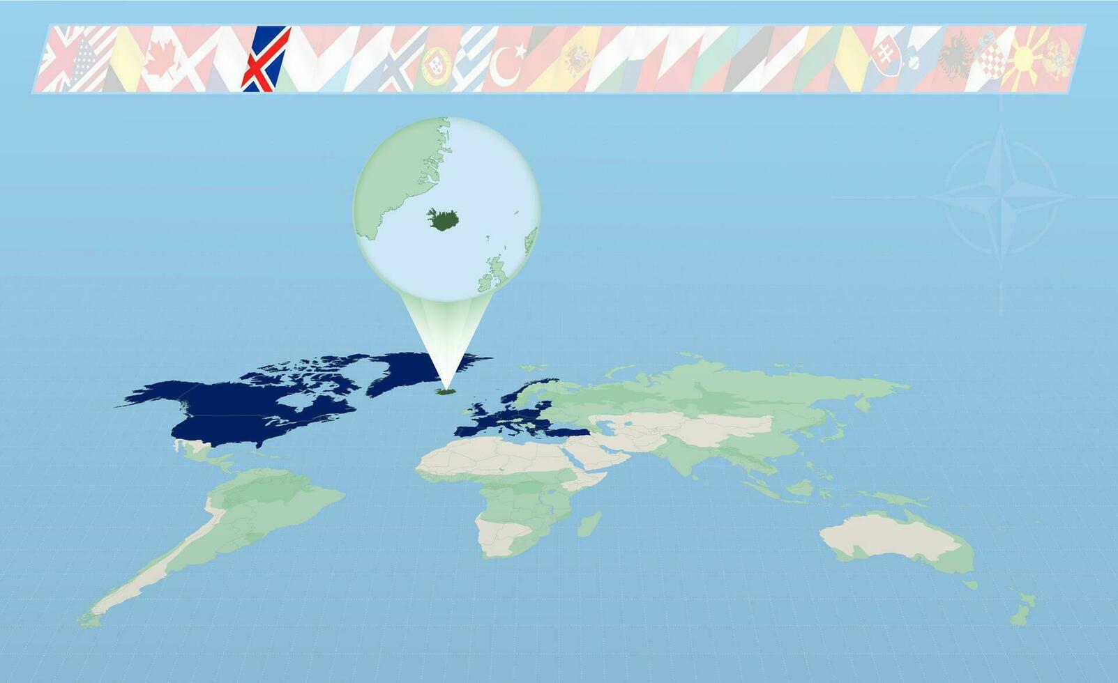 Iceland member of North Atlantic Alliance selected on perspective World Map. Flags of 30 members of alliance. vector
