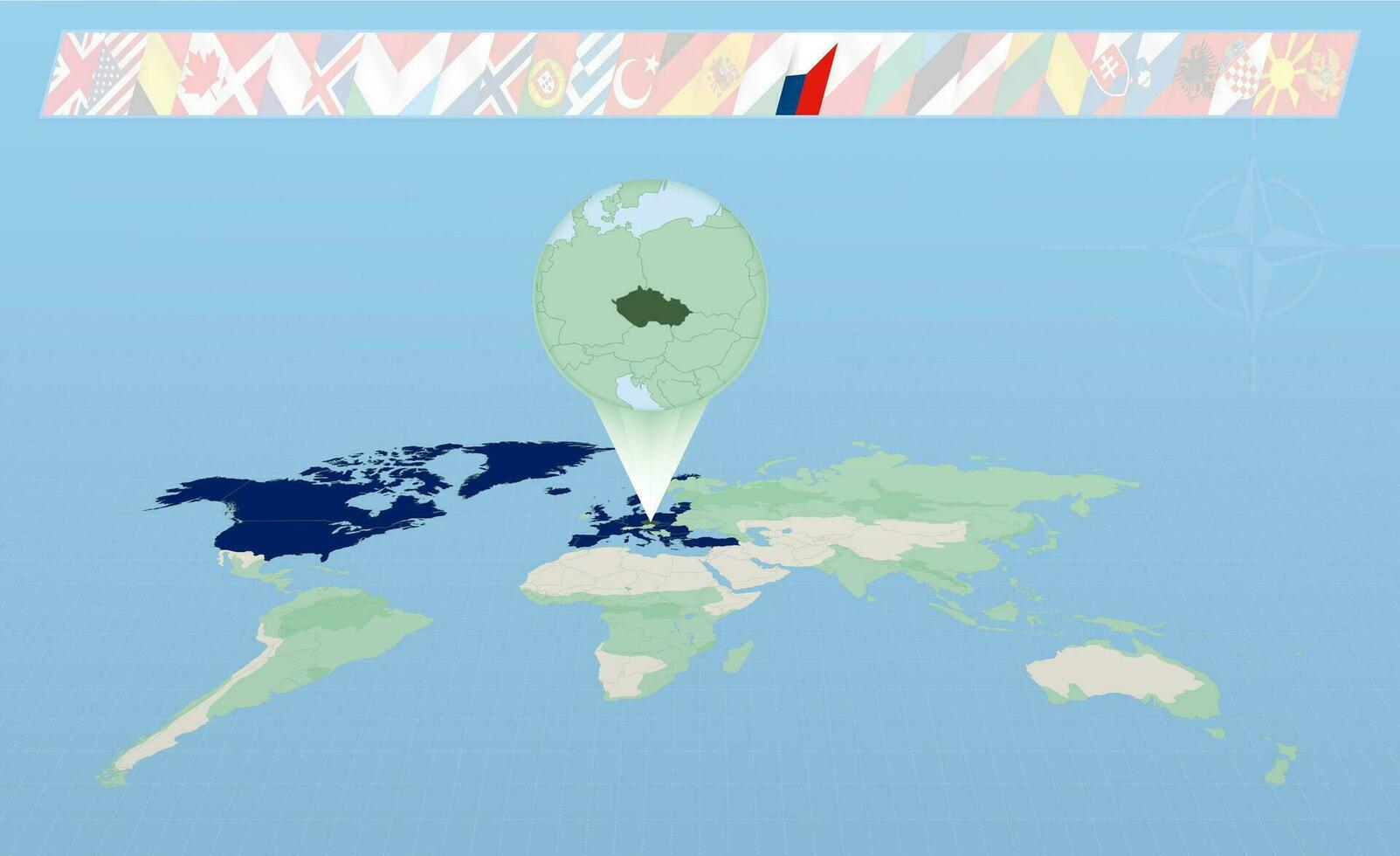 Czech Republic member of North Atlantic Alliance selected on perspective World Map. Flags of 30 members of alliance. vector