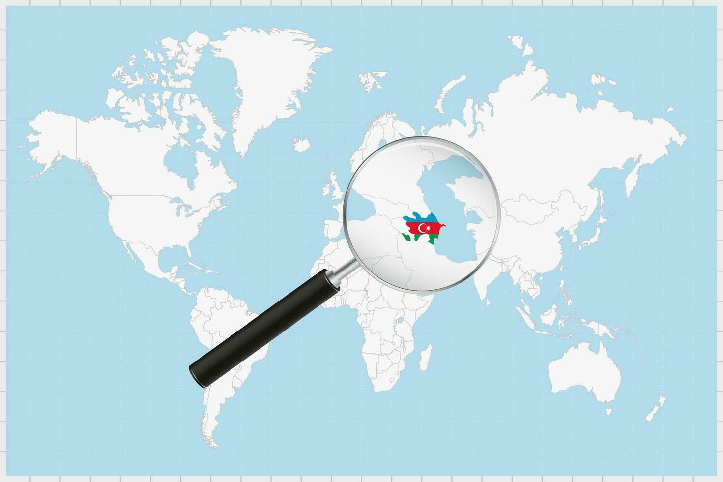 Magnifying glass showing a map of Azerbaijan on a world map. vector