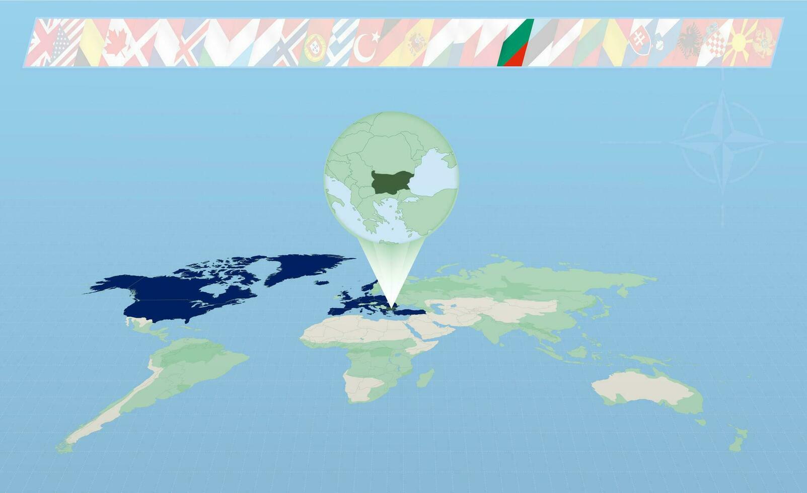 Bulgaria member of North Atlantic Alliance selected on perspective World Map. Flags of 30 members of alliance. vector