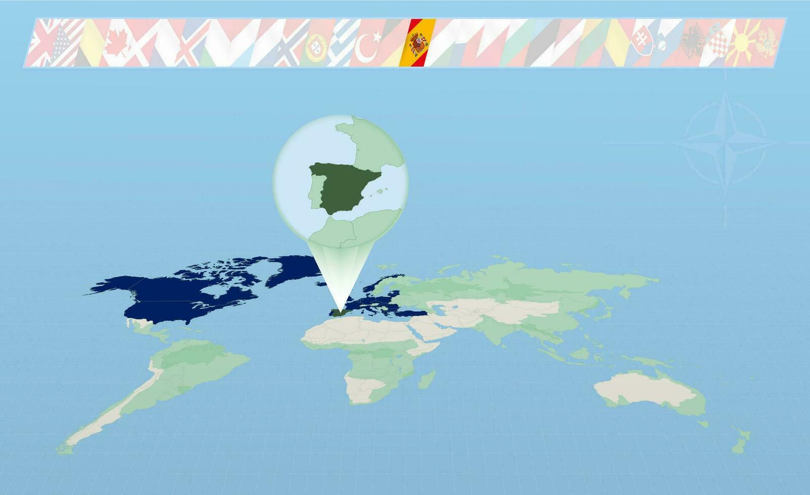 Spain member of North Atlantic Alliance selected on perspective World Map. Flags of 30 members of alliance. vector