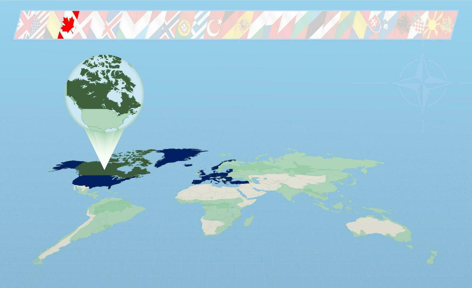 Canadá miembro de norte atlántico Alianza seleccionado en perspectiva mundo mapa. banderas de 30 miembros de Alianza. vector