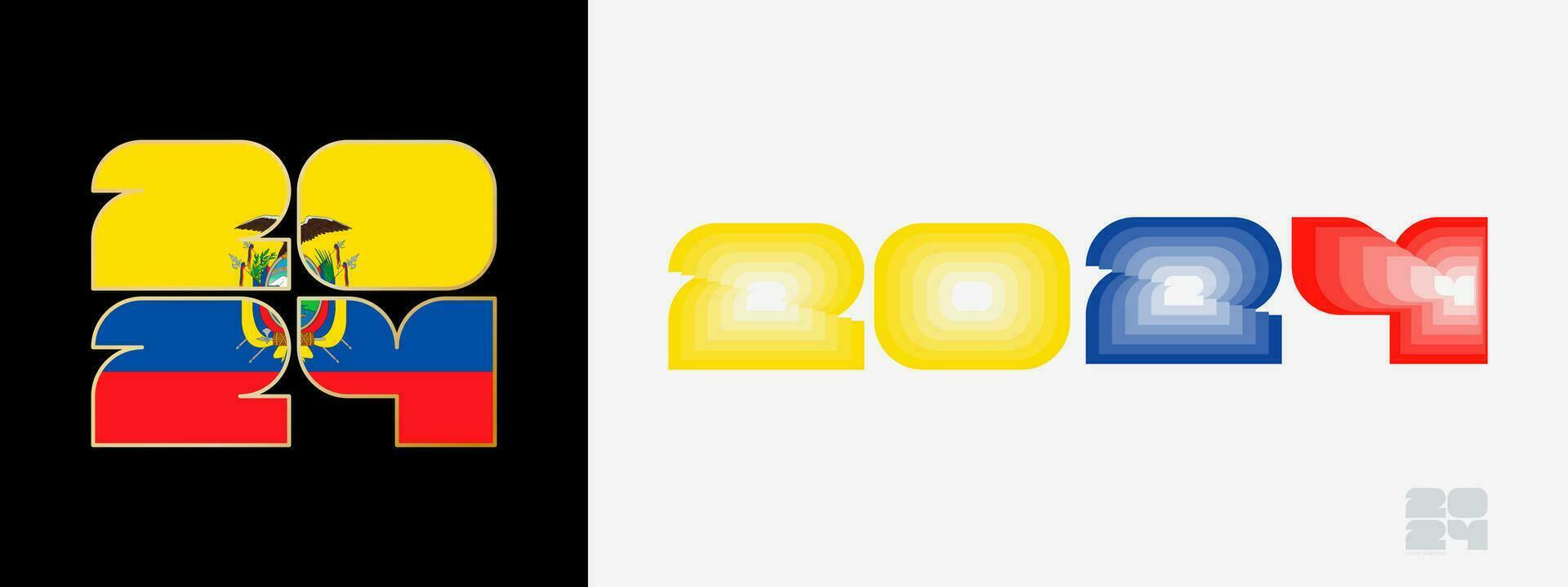 Year 2024 with flag of Ecuador and in color palate of Ecuador flag. Happy New Year 2024 in two different style. vector