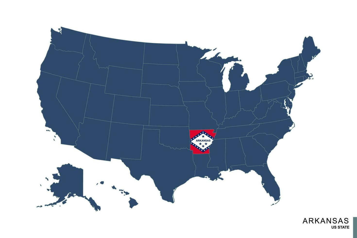 State of Arkansas on blue map of United States of America. Flag and map of Arkansas. vector