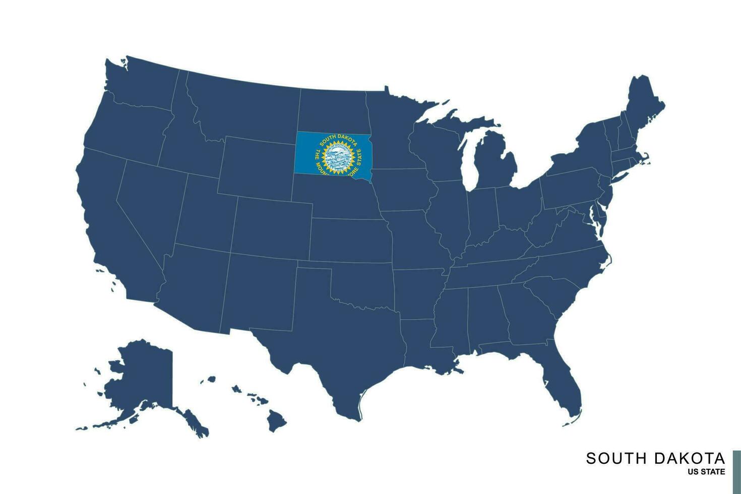 State of South Dakota on blue map of United States of America. Flag and map of South Dakota. vector