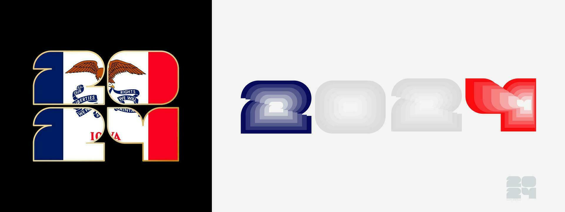 Year 2024 with flag of Iowa and in color palate of Iowa flag. Happy New Year 2024 in two different style. vector