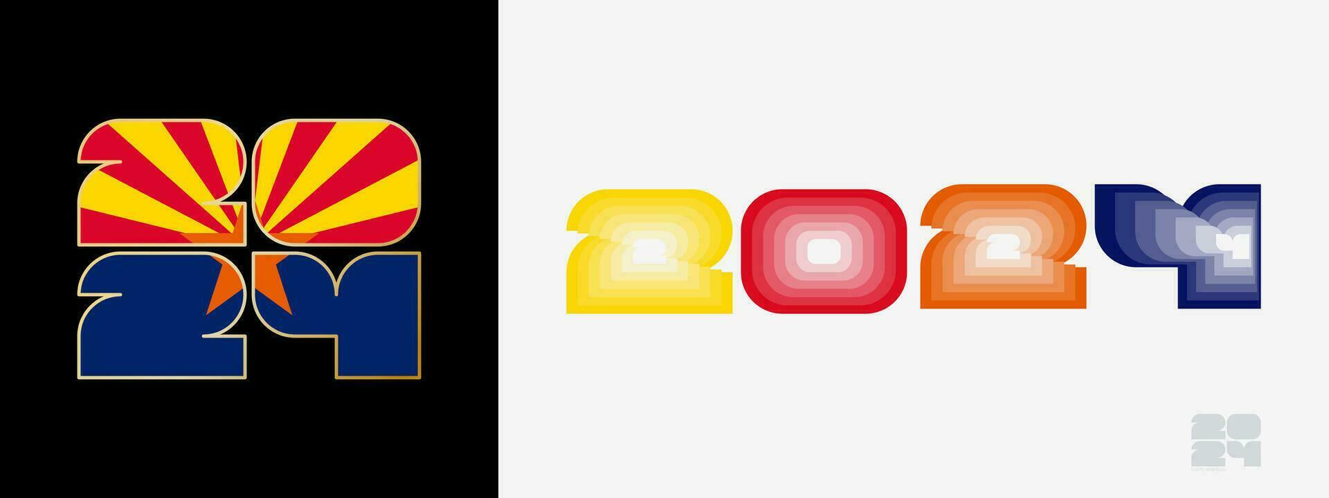 Year 2024 with flag of Arizona and in color palate of Arizona flag. Happy New Year 2024 in two different style. vector