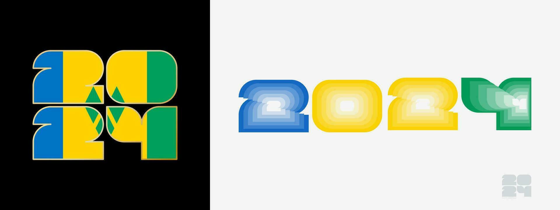 Year 2024 with flag of Saint Vincent and the Grenadines and in color palate of Saint Vincent and the Grenadines flag. Happy New Year 2024 in two different style. vector