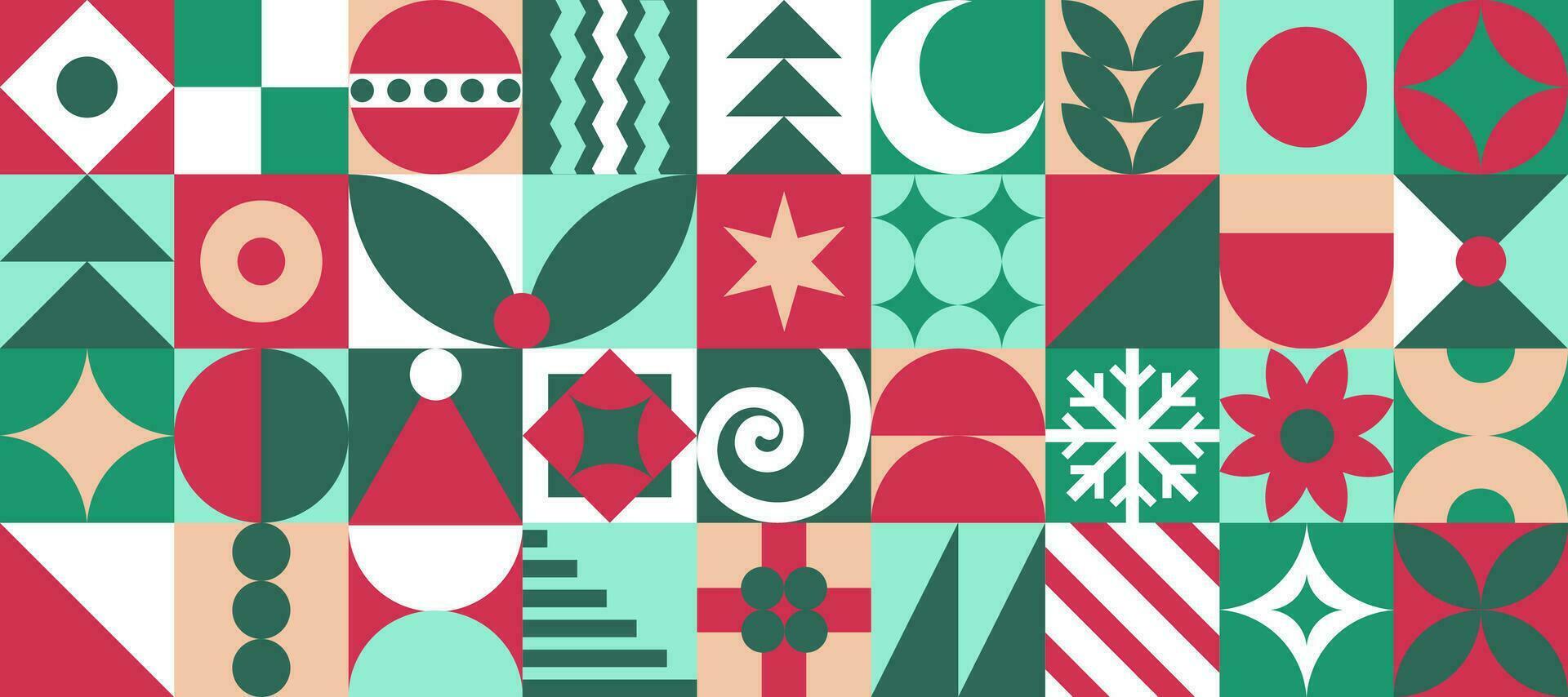 Modern bauhaus Christmas pattern, background with graphic tiles with abstract drawings of symbols of the holiday, fir tree, gifts, hat, star, moon, basic geometric shapes. Vector illustration.