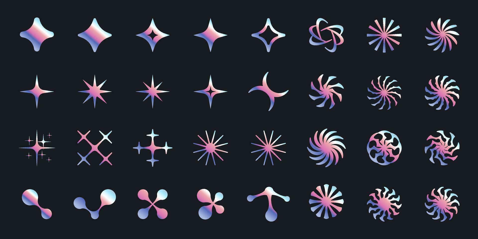 Retro graphic metallic shapes, stars, sparkles, blinks, round tribal stickers, metaballs, y2k gradient symbols, vector badges, illustrations.