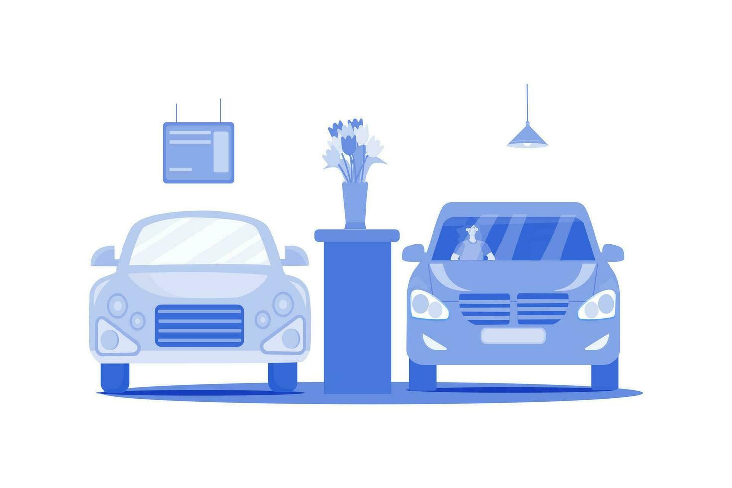 Woman Sitting In A Car In Showroom vector