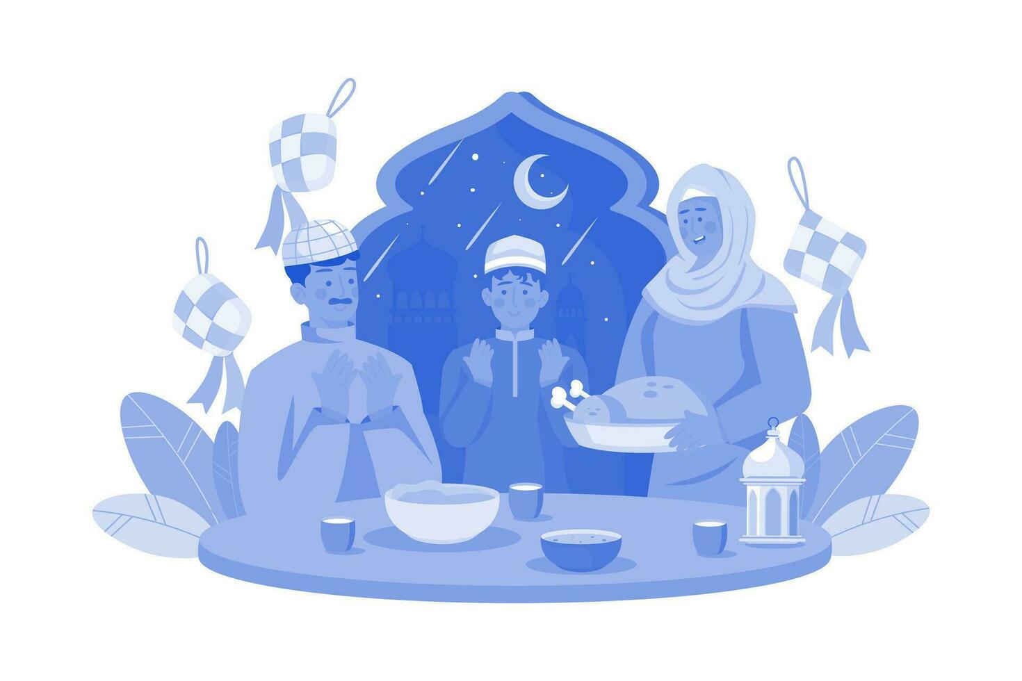 Muslim Family Doing Eid Prayer Doing Dinner vector