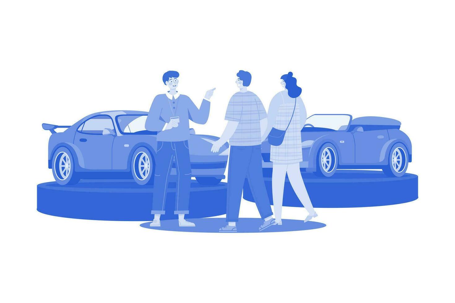 Salesman Talking To A Young Couple At The Dealership Showroom. vector