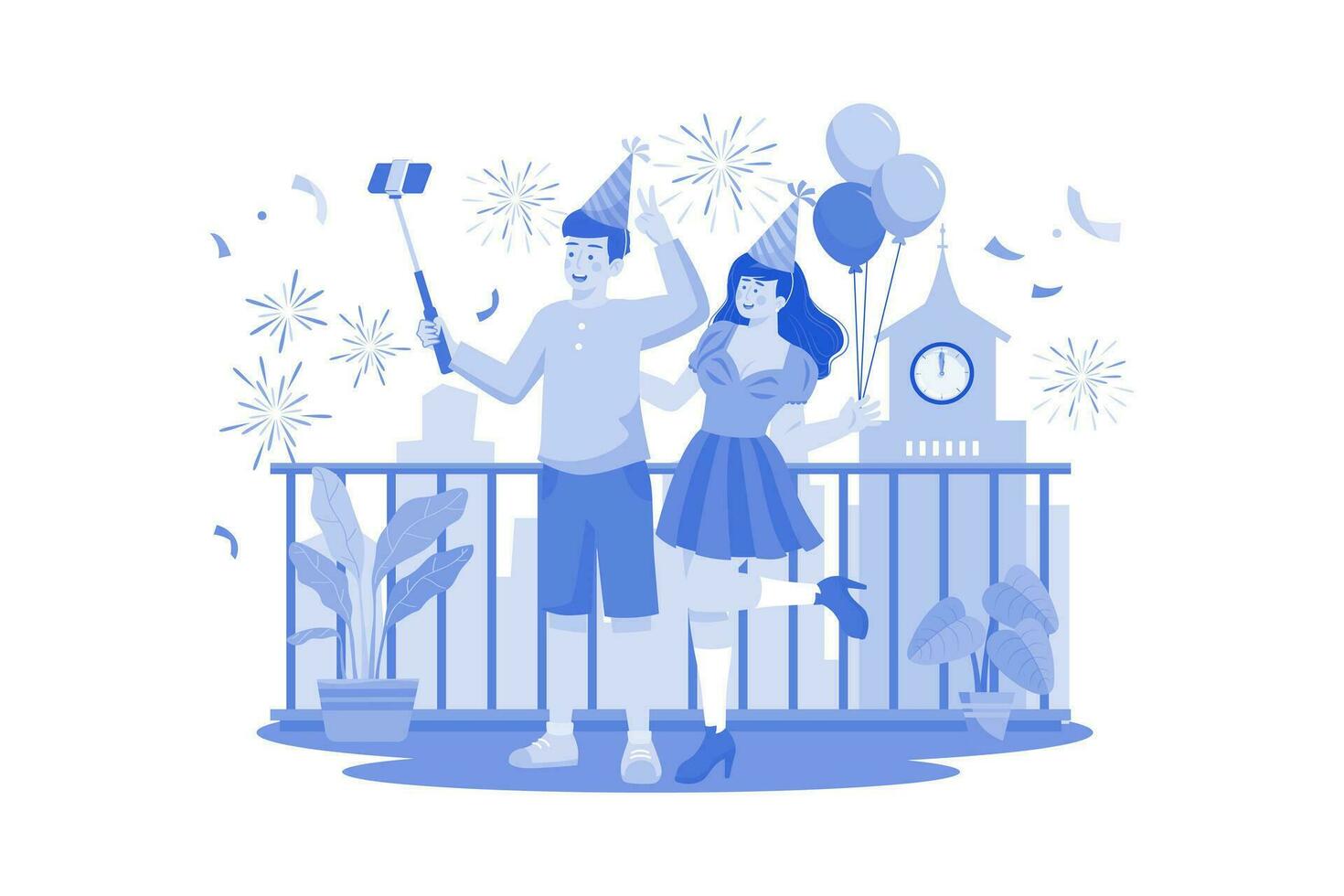 Couple Taking A Selfie To Celebrate New Year's Eve vector