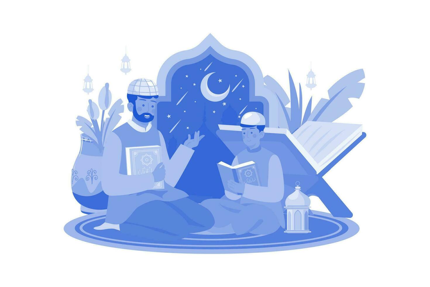 Muslim Father And Son Reading Quran vector