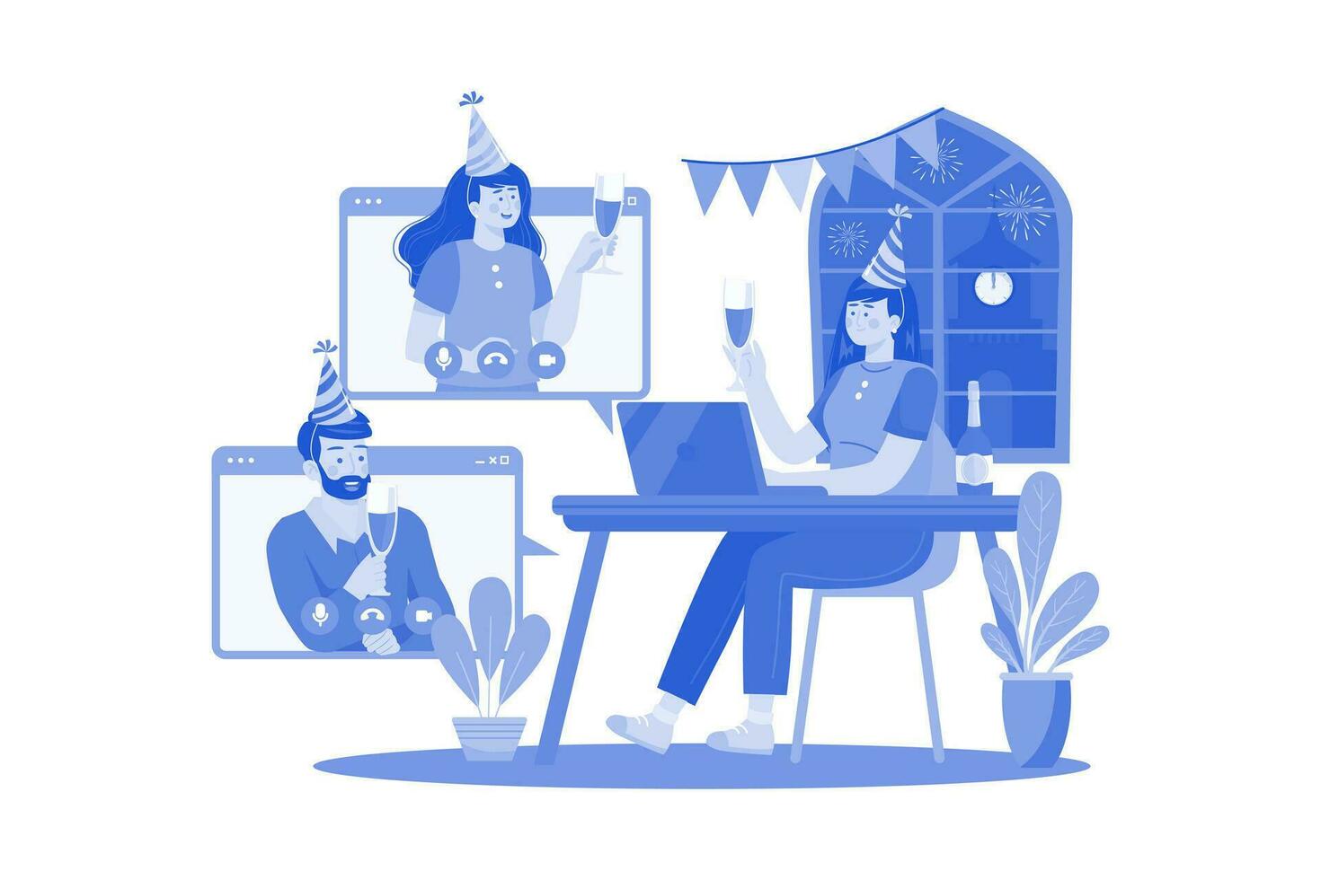 The Group Of Friends Video Calls To Celebrate New Year's Day vector