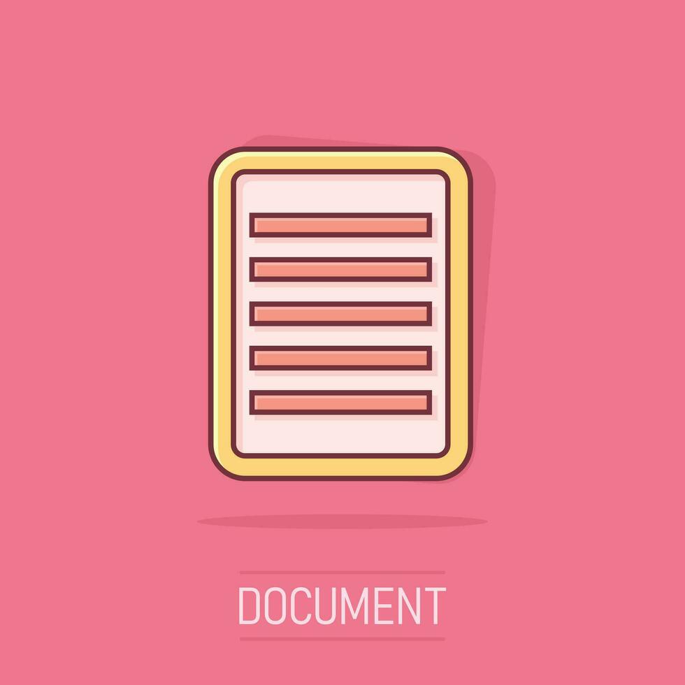 Vector cartoon document icon in comic style. Note sign illustration pictogram. Notebook business splash effect concept.