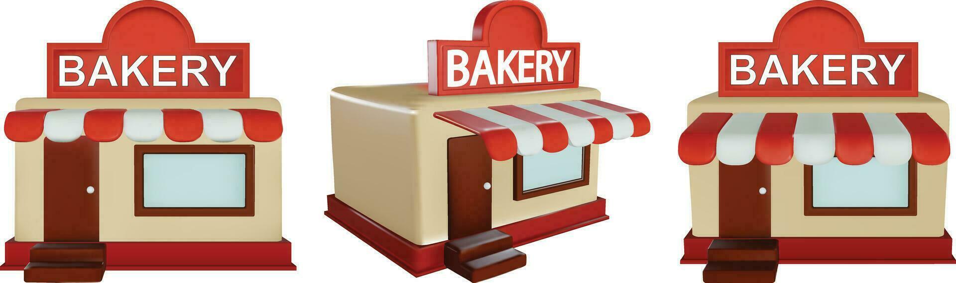 3d realista café panadería tienda icono colocar. 3d realista panadería escaparate icono en dibujos animados estilo. vector