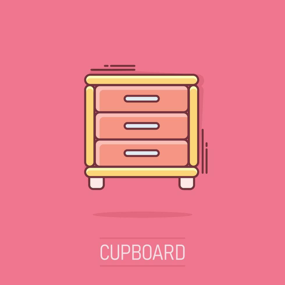 Vector cartoon cupboard icon in comic style. Furniture sign illustration pictogram. Cabinet business splash effect concept.