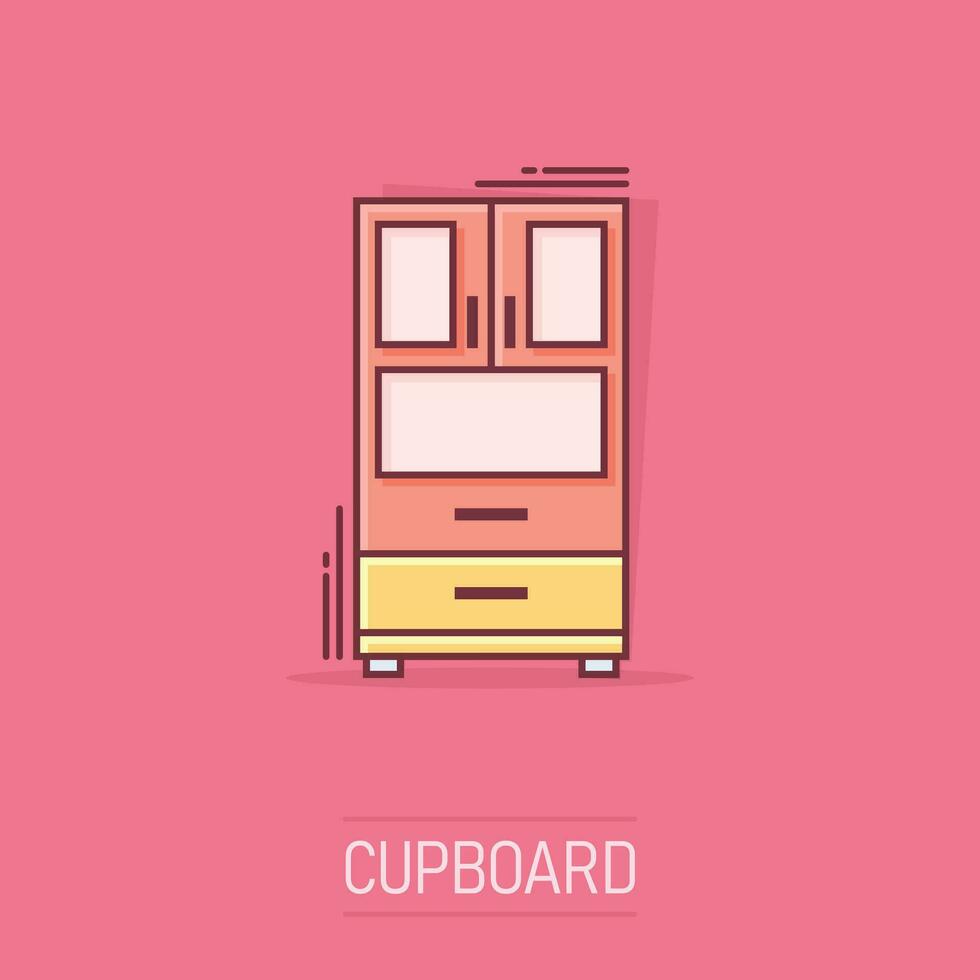 Vector cartoon cupboard icon in comic style. Furniture sign illustration pictogram. Cabinet business splash effect concept.