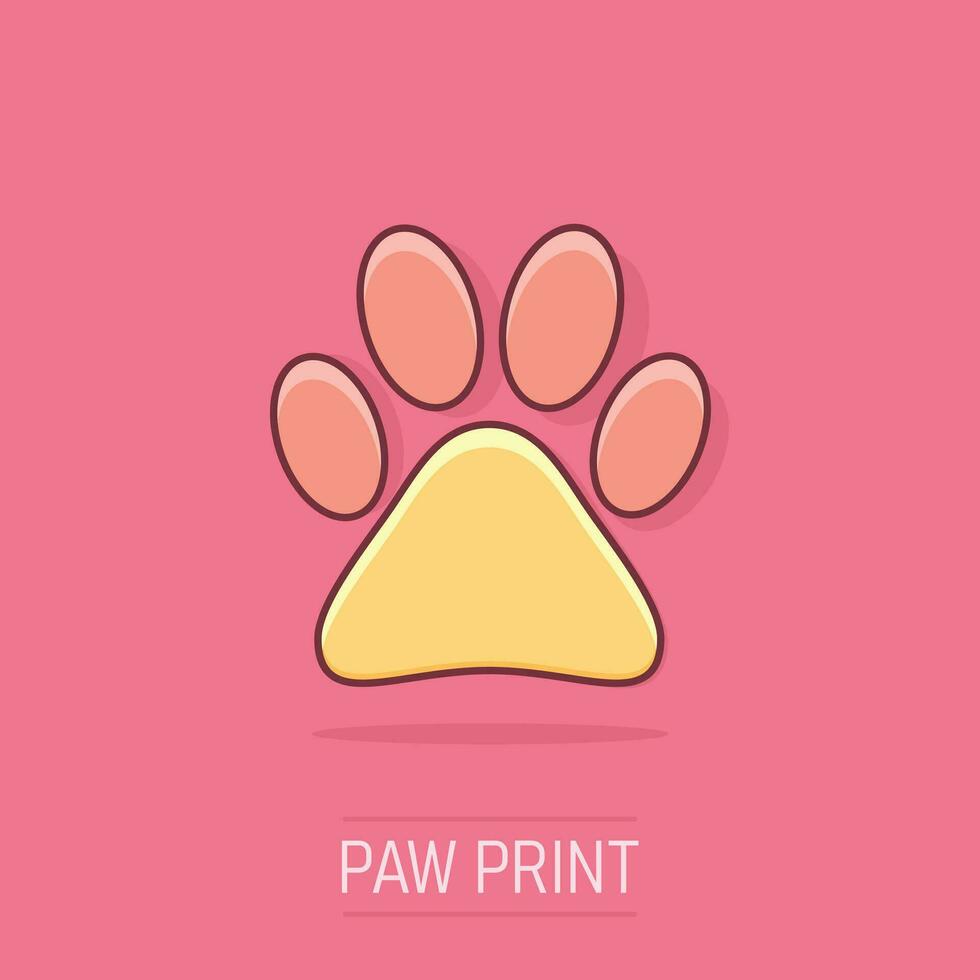 Vector cartoon paw print icon in comic style. Dog, cat, bear paw sign illustration pictogram. Animal foot business splash effect concept.