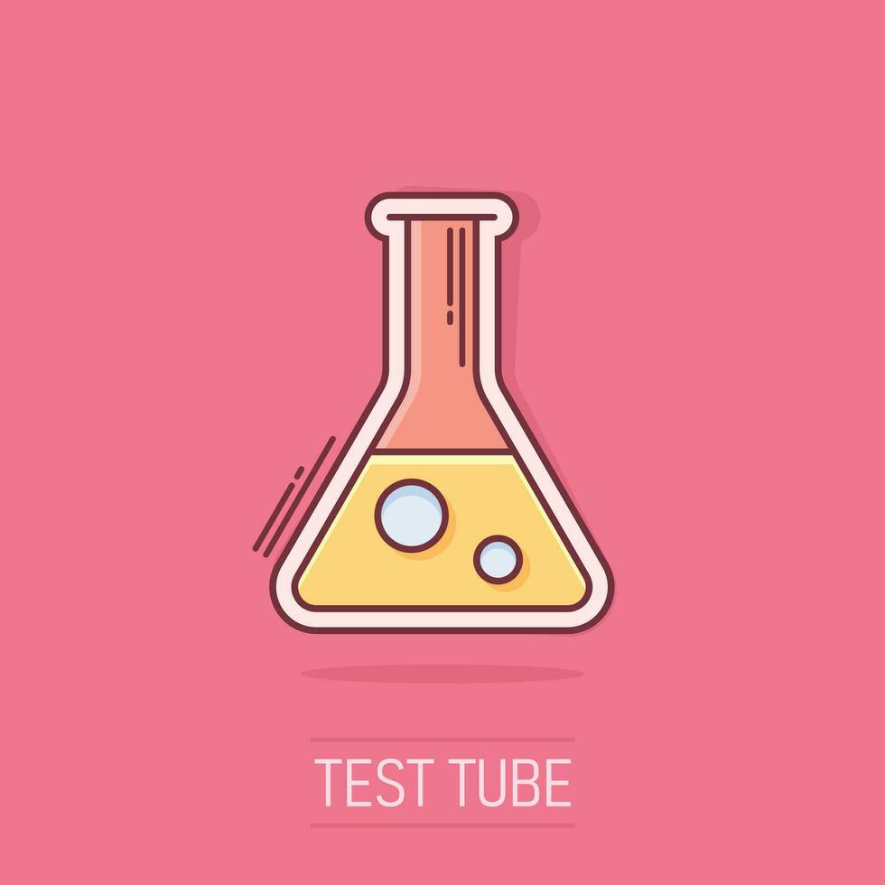 Vector cartoon chemical test tube icon in comic style. Laboratory glassware sign illustration pictogram. Flasks business splash effect concept.