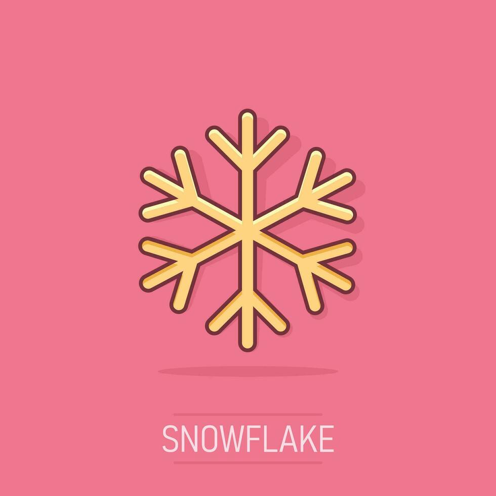 Vector cartoon snowflake icon in comic style. Winter sign illustration pictogram. Snow flake business splash effect concept.