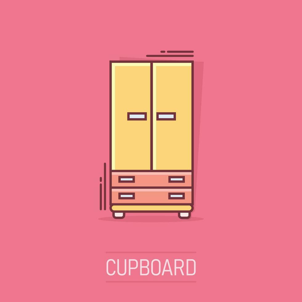 Vector cartoon cupboard icon in comic style. Furniture sign illustration pictogram. Cabinet business splash effect concept.