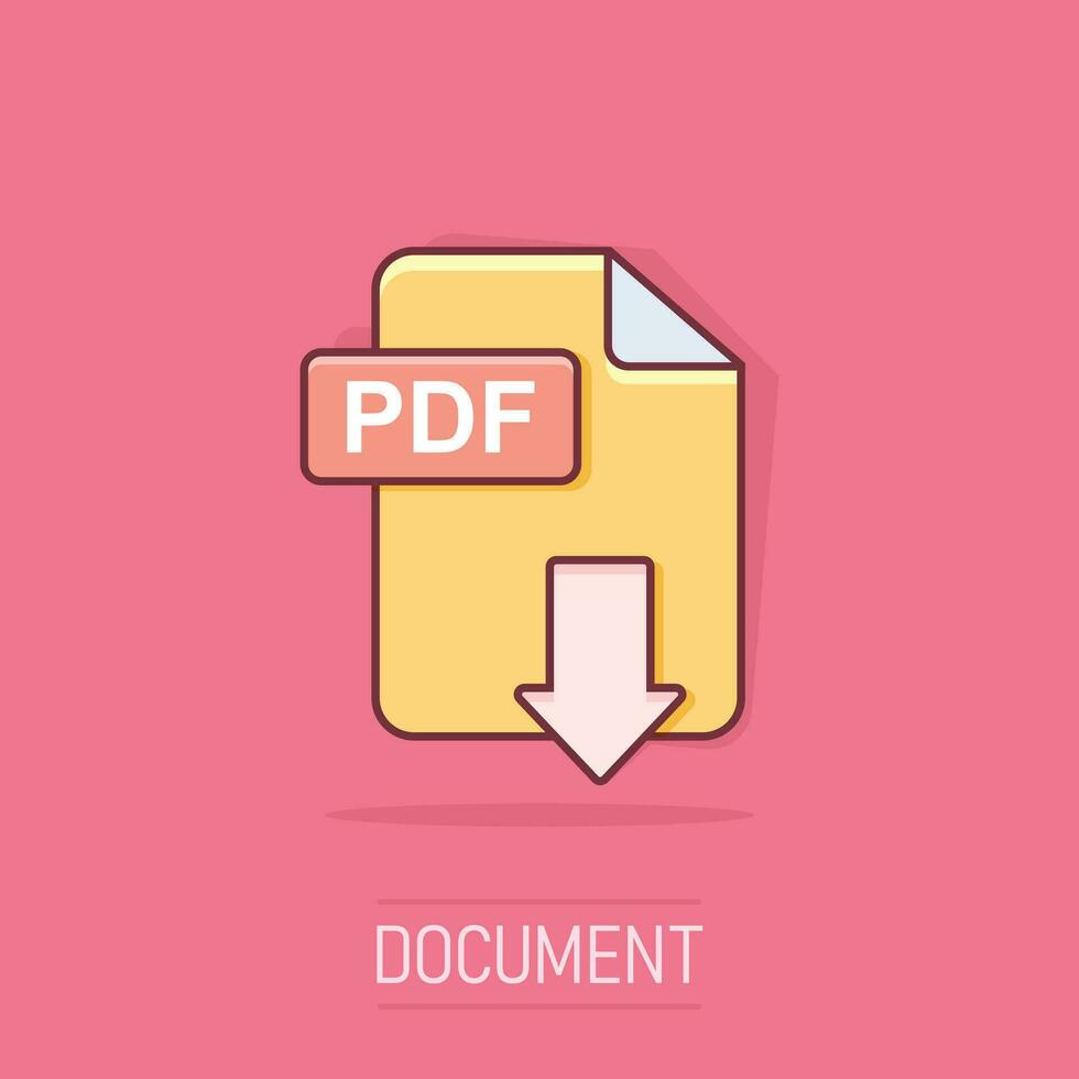 Vector cartoon PDF download icon in comic style. PDF format sign illustration pictogram. Document business splash effect concept.