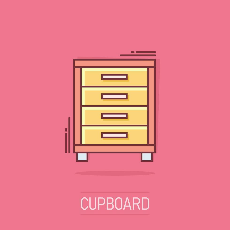 Vector cartoon cupboard icon in comic style. Furniture sign illustration pictogram. Cabinet business splash effect concept.