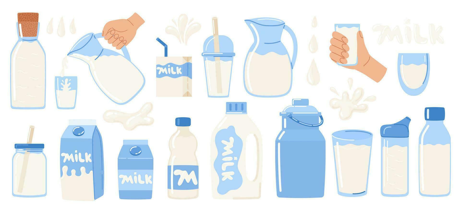 Leche conjunto en diferente paquetes, vaso, cartulina, botella, Leche caja, anteojos, licorera. lechería gotas y chapoteo. nacional lechería mes. vector ilustración en garabatear estilo