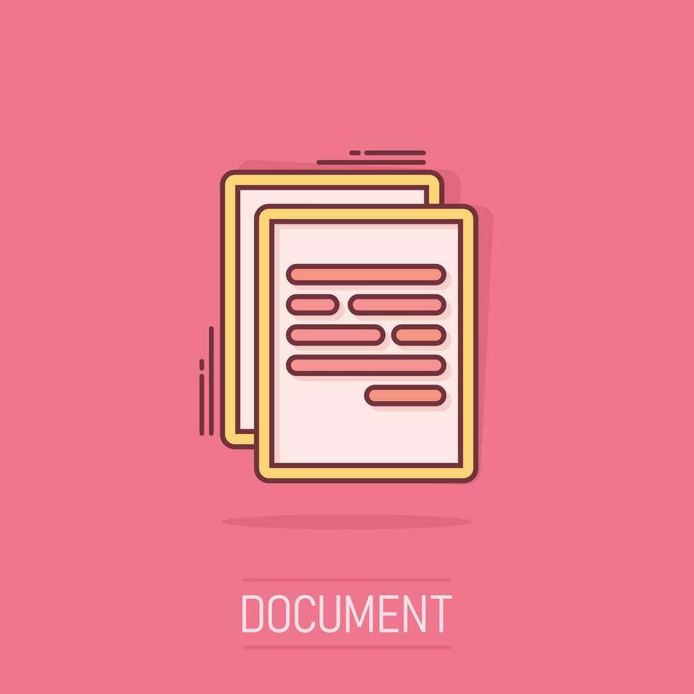 Vector cartoon document icon in comic style. Paper page sign illustration pictogram. Note business splash effect concept.