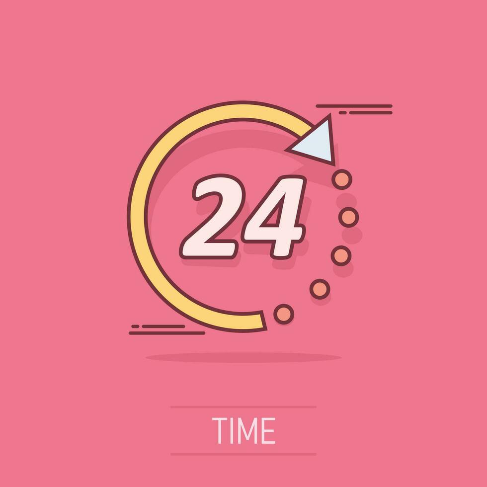 Vector cartoon time icon in comic style. 24 hours sign illustration pictogram. Clock timer business splash effect concept.